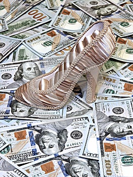 Women's shoe on a background of US dollars bills