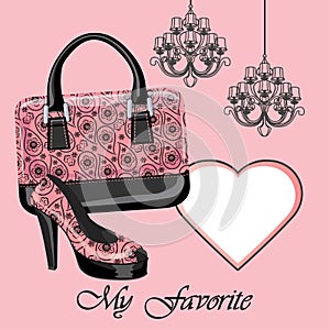 Women's shoe,handbag, label , chandeliers