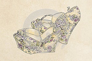 Women's shoes on a light brown background. Hand-drawn illustration.
