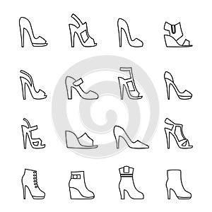 Women`s shoes. Set of icons in the style of linear design.