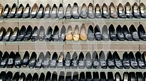 women\'s shoes, women\'s shoes on a store shelf. shop window. shoes shop. shelves shoes shop.