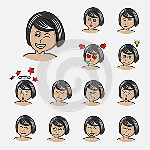 Women`s short hair Set emotions. Facial expression. Girl Avatar. Hand drawn style