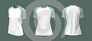 Women`s short-sleeve t-shirt mockup, front, side and back views, design presentation for print, 3d illustration