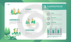 Women`s sport activities with infographic on landing page template