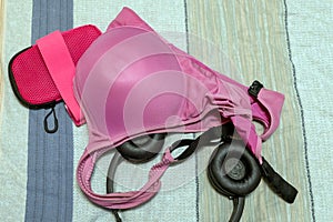 Women`s sports bra, after a home workout. Fetish