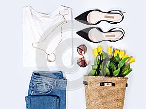 Women`s spring summer basic outfit. Apparels flat composition photo