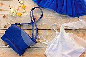Women's summer clothing and accessories blue skirt t-shirt handbag, beads