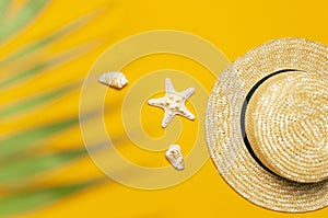 Women s summer straw hat, tropical palm leaves, shells, starfish on yellow background top view flat lay copy space. Summer travel