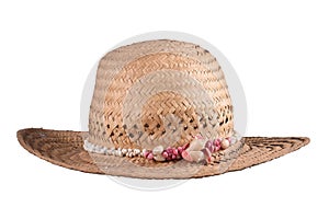 Women\'s summer yellow straw hat with ribbon fashionable style on white background