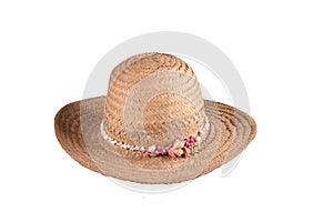 Women\'s summer yellow straw hat with ribbon fashionable style on white background