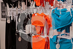 Women`s swimsuits for sale at a seaside shop. Advertise, Sale, Fashion concept
