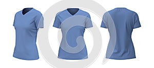 Women`s v-neck t-shirt mockup, front, side and back views
