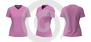 Women`s v-neck t-shirt mockup, front, side and back views, design presentation for print, 3d illustration