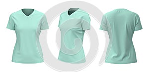 Women`s v-neck t-shirt mockup, front, side and back views, design presentation for print, 3d illustration