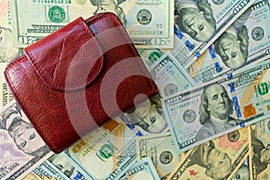 Women`s wallet on dolar notes.