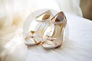 Women's wedding open high heel shoes close-up on light background. preparing the bride for wedding