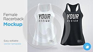 Women`s white and black sleeveless tank top. Female active racerback mockup