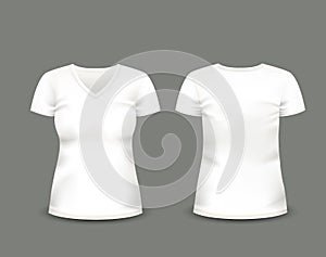Women's white V-neck t-shirt short sleeve with in front and back views. Vector template. Fully editable handmade mesh