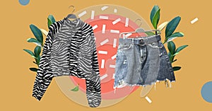 Women`s zebra print fleece jacket on hanger and Casual denim distressed mini skirt. Composition of clothes. Fashion trendy concept