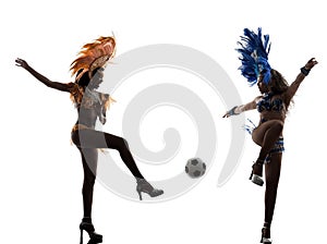 Women samba dancer playing soccer silhouette