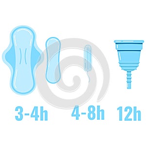 Women sanitary napkin, hygienic tampon, menstrual cup replacement time infographic.