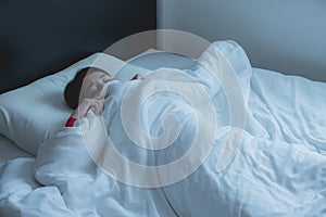 Woman with scare and panic while lying down under the blanket in bedroom,Nightmare or bad dream