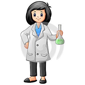 Women scientist holding a test tube on white background