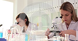 Women scientists at tables with microscopes and test samples