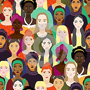 Women seamless patern. Vector illustration with women of different nationalities. Female multiracial faces