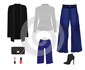 Women set. coat, sweater, pants, bag and boots