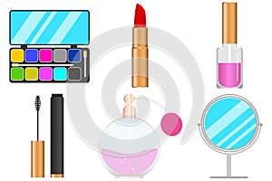 Women set of makeup, eye shadow, lipstick, nail polish, mascara for the eyes.