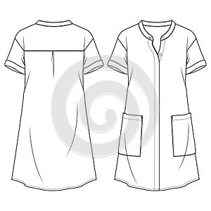 Women Shirt Dress with mandarin collar flat fashion sketch template. Technical Fashion Illustration. Hidden placket Blouse.