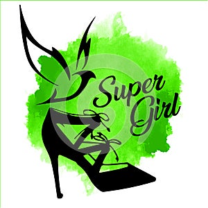 Women shoe silhouettes with Flying bird on watercolor bright green background. Symbol of spring and fashion.