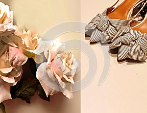 Women shoes  with bow  summer sandals on high heels flowers roses pink tea  background  moda concept luxury elegance glamour  yel photo