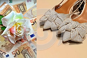 Women shoes  summer sandals high heels flowers roses pink tea  and euro money sale and price background shopping  moda concept lux photo