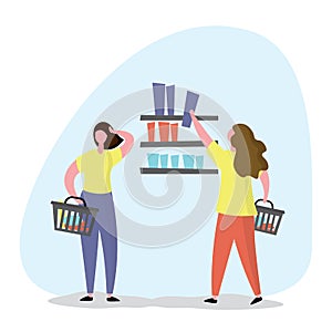 Women shopping in a store,shelves with goods,characters in trendy style