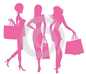 Immagine vettoriale di tre donne, shopping.