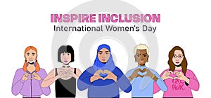 Women show heart hands gesture vector illustration. International women\'s day banner