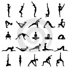 Women silhouettes. Collection of yoga poses. Asana set.