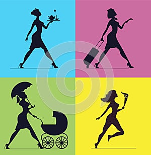 Women silhouettes on a colored background. Silhouettes of women