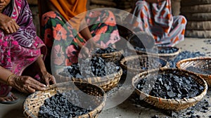 Women sit on the ground using simple handwoven baskets to sift through the dried charcoal and remove any large chunks or photo