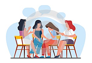 Women sit together in circle and discuss their problems, comforting and encouraging each other. Ladies care and support