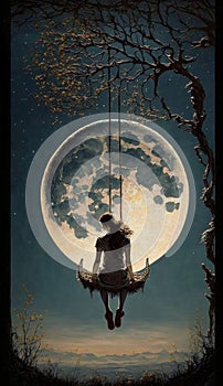 women sitting on a swing facing moon dark image generative AI