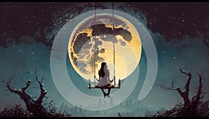 women sitting on a swing facing moon generative AI
