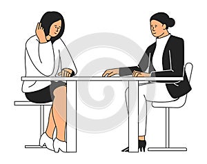 Women sitting at table. Work talking. Business meeting