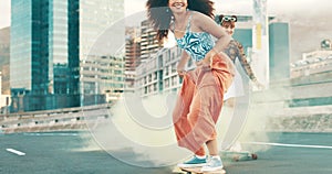 Women, skateboard and city with flare smoke for friends, smile or freedom for fashion, balance or fast in wind. Skater