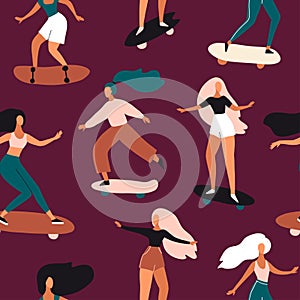 Women on skateboards, longboards seamless pattern