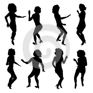 Women in skinny dress dancing black silhouettes. Set of moving disco curly girl shapes. Party abstract poses