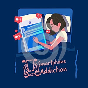 Women sleep with her smartphone in the bed. smartphone or social media addiction concept - vector