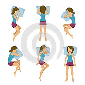 Women sleeping positions vector illustration. Woman sleep poses in bed photo